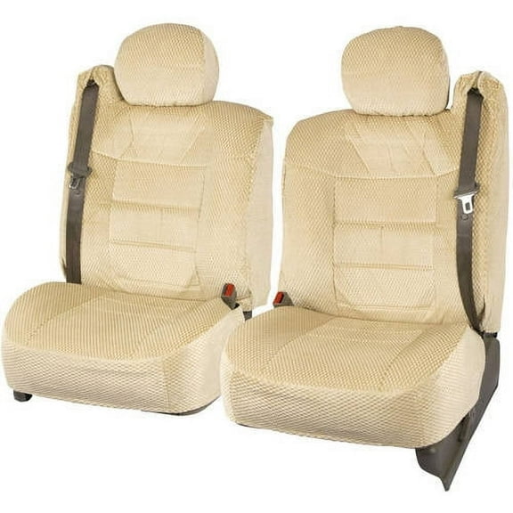 BDK Scottsdale Cloth 2-Pack Front Seat Covers for Pick-Up Trucks, Trucks, Vans with Integrated Seat Belt, Detachable Headrest Without Integrated Arm Rest- Beige