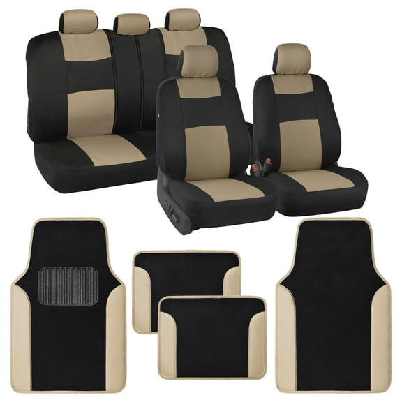 BDK PolyPro Black / Beige Car Seat Covers Full Set with Matching Carpet Floor Mats - Automotive Seat Covers for Cars Trucks SUV - Includes Split Bench Rear Seat Cover - Interior Car Accessories