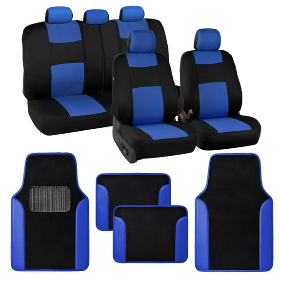 BDK PolyPro Black / Blue Car Seat Covers Full Set with Matching Carpet Floor Mats - Automotive Seat Covers for Cars Trucks SUV - Includes Split Bench Rear Seat Cover - Interior Car Accessories