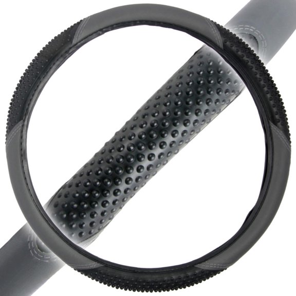 BDK Sporty Two Tone Ergonomic Grip Steering Wheel Cover - Massaging Gel Grip for Standard Size Wheels 14.5-15.5" (Gray/Black)