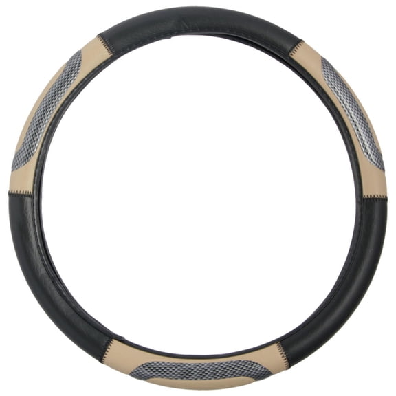 BDK Sporty Two Tone Ergonomic Steering Wheel Cover - Carbon Fiber Grip for Sizes 14.5-15.5" (Beige/Black)