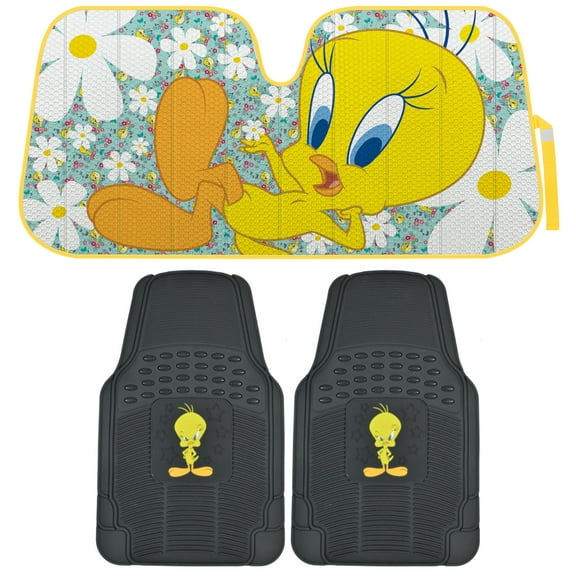 BDK Tweety Bird 2PC Front Car Floor Mats & Windshield Auto Shade, Accordion Folding Auto Sunshade for Car Truck SUV-Blocks UV Rays Sun Visor Protector, Keeps Your Vehicle Cool-58 x 27 Inch