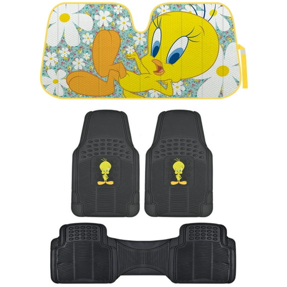 BDK Tweety Bird 3PC Front & Rear Car Floor Mats with Windshield Auto Shade, Accordion Folding Auto Sunshade for Car Truck SUV-Blocks UV Rays Sun Visor Protector, Keeps Your Vehicle Cool-58 x 27 Inch