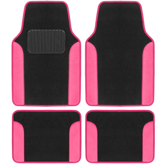 BDK Two-Tone Carpet Car Floor Mats, Faux Leather Accents Built-In Heel Pad, Anti-Slip Stylish 4-Piece Set, for Car Truck SUV Van, Hot Pink
