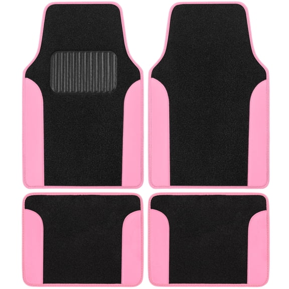 BDK Two-Tone Carpet Car Floor Mats, Faux Leather Accents Built-In Heel Pad, Anti-Slip Stylish 4-Piece Set, for Car Truck SUV Van, Pink