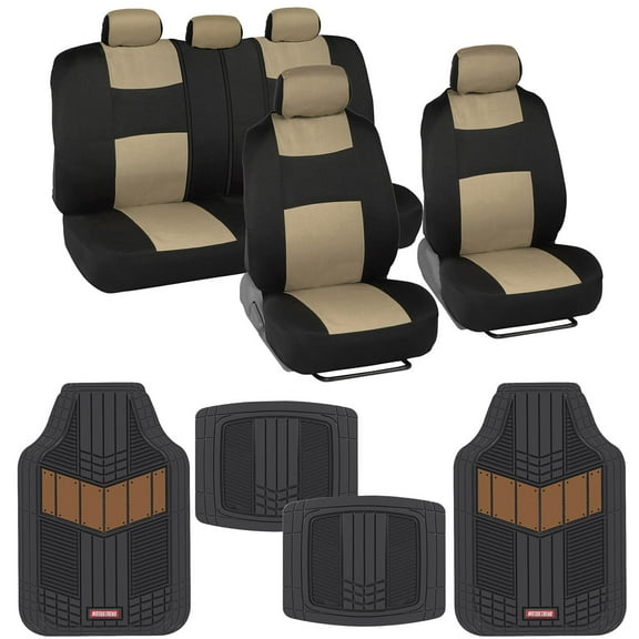 BDK PolyPro Black & Beige Car Seat Covers Full Set with Motor-Trend FlexTough All Weather Rubber Car Floor Mats - Front & Rear Split Bench Seat Covers for Cars & Matching Floor Mats for Car Interior