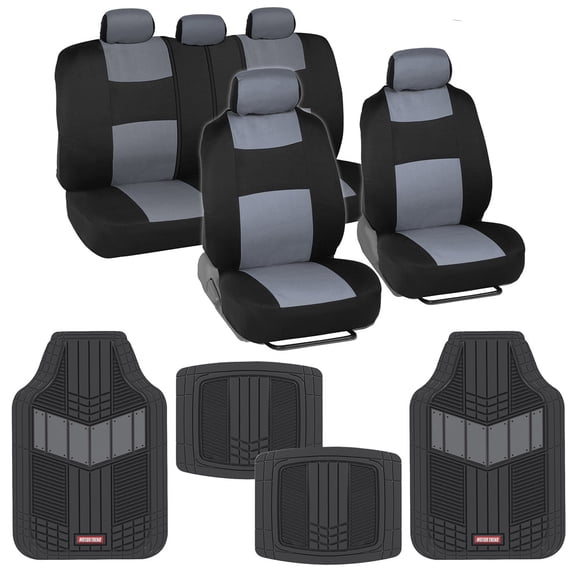 BDK PolyPro Black & Grey Car Seat Covers Full Set with Motor-Trend FlexTough All Weather Rubber Car Floor Mats - Front & Rear Split Bench Seat Covers for Cars & Matching Floor Mats for Car Interior