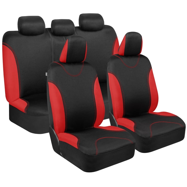 Black & Red Car Seat Covers Full Set (Front & Rear Bench) - Universal Fit For Cars & SUVs