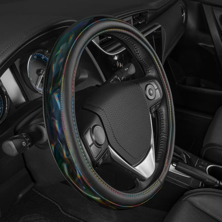BDK Cute Iridescent Black Steering Wheel Cover for Women, Standard 15 inch Size, Sparkle Faux Leather Car Steering Wheel Cover for Truck Van SUV Auto