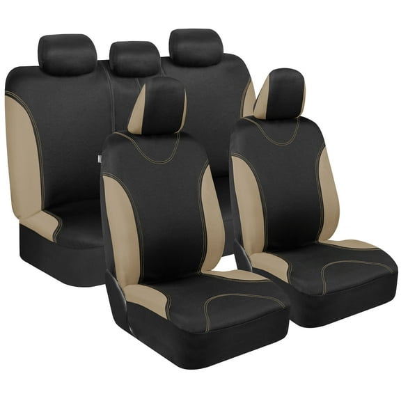BDK UltraSleek Beige Seat Covers for Cars Full Set, Two-Tone Front Seat Covers with Matching Back Seat Cover, Stylish Car Seat Protectors with Split Bench Design,