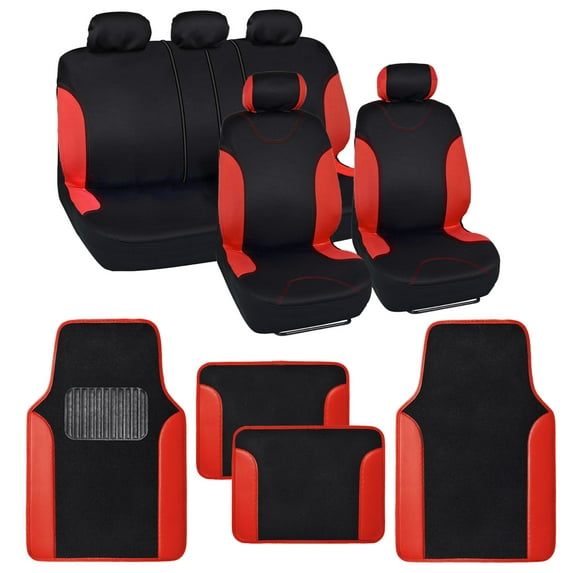 BDK Red Car Seat Covers with Matching Carpet Floor Mats for Cars Full Set - Front Universal Seat Covers & Back Bench Seat Cover with Automotive Floor Mats - Car, SUV, Truck, & Van Interior Protector