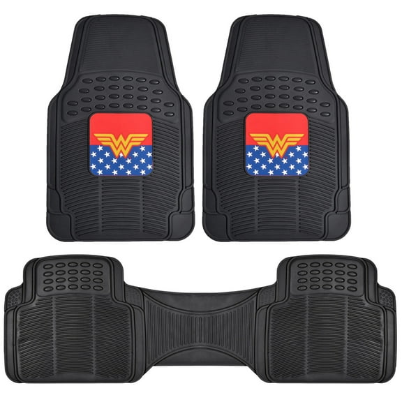 BDK Warner Bros DC Comics Classic Wonder Woman Car Accessories - Heavy Duty Rubber Floor Mats - Custom Fit, No-Slip Grip, All Weather, 3pc Set 2 Front Car Mats 27 x 18 in, 1 Rear Liner 18 x 58 in