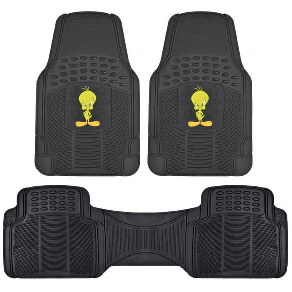 BDK Warner Bros Looney Tunes Tweety Bird Universal Fit All Weather Floor Mats - Heavy Duty Rubber No-Slip Grip Car Accessories, 3pc Set Front Car Mats