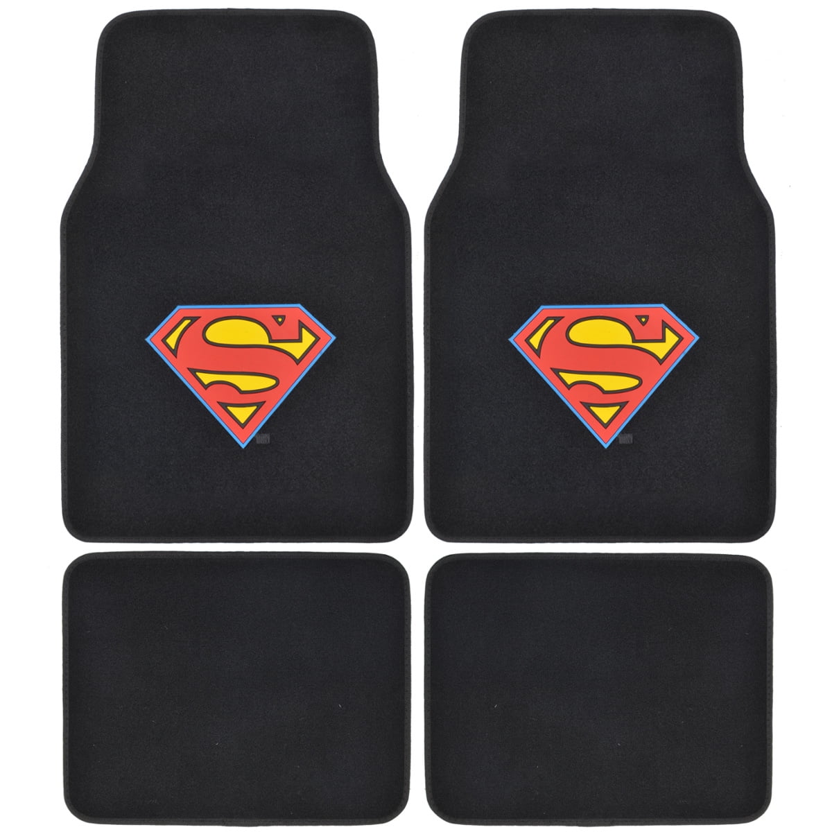 BDK Warner Brothers DC Comics Superman Car Accessories Floor Mats - Universal Fit Front 26 x 16.5 in & Rear 14 x 16.5 in, Full Set Black Car Mats with Non-Slip Grip