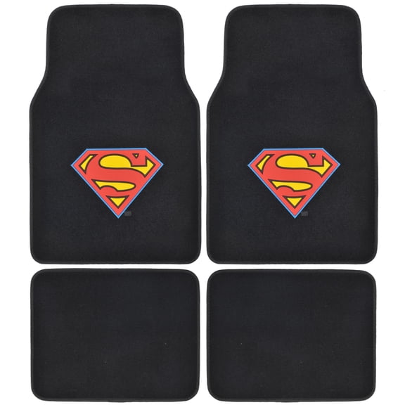 BDK Warner Brothers DC Comics Superman Car Accessories Floor Mats - Universal Fit Front 26 x 16.5 in & Rear 14 x 16.5 in, Full Set Black Car Mats with Non-Slip Grip