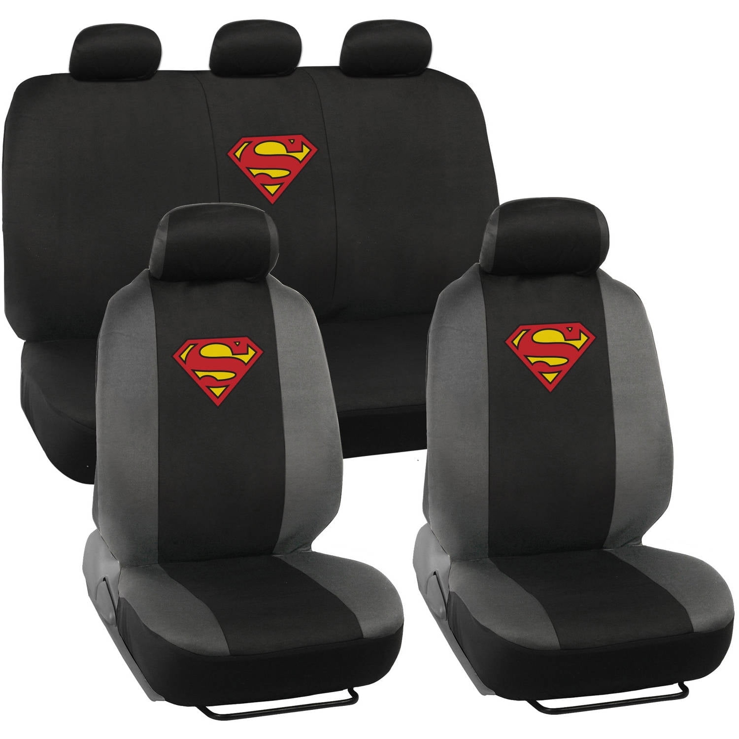 BDK Warner Brothers DC Superman Front & Rear Car Seat Covers Full Set - Easy to Install Durable & Polyester Car Seat Cover - All Vehicles Airbag Compatible Universal Car Accessories (Black & Gray)