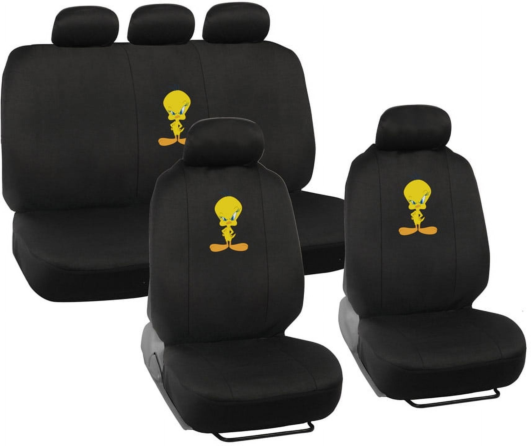 BDK Warner Brothers Looney Tunes Tweety Bird Front & Rear Car Seat Covers Full Set - Easy to Install Durable & Stylish Polyester Fabric Car Seat Cover - Airbag Compatible Universal Fit Car Accessorie