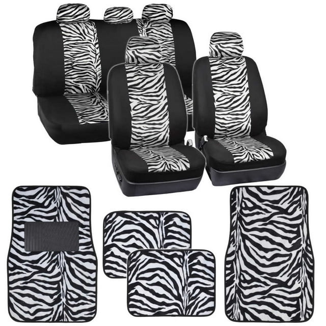 BDK Zebra Car Seat Covers with Floor Mats, Animal Prints 2Tone Split