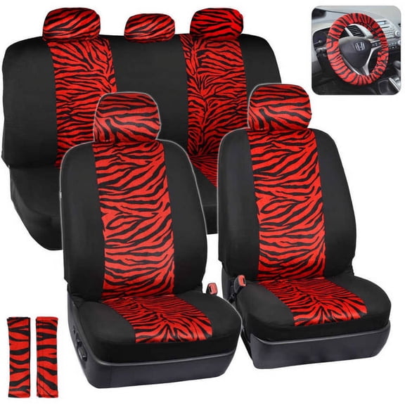 BDK Zebra Print Car Seat Covers Two Tone Zebra Accent on Black, 9pc, Full Set