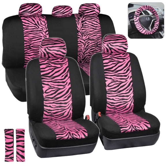 BDK Zebra Print Car Seat Covers Two Tone Zebra Accent on Black, 9pc, Full Set