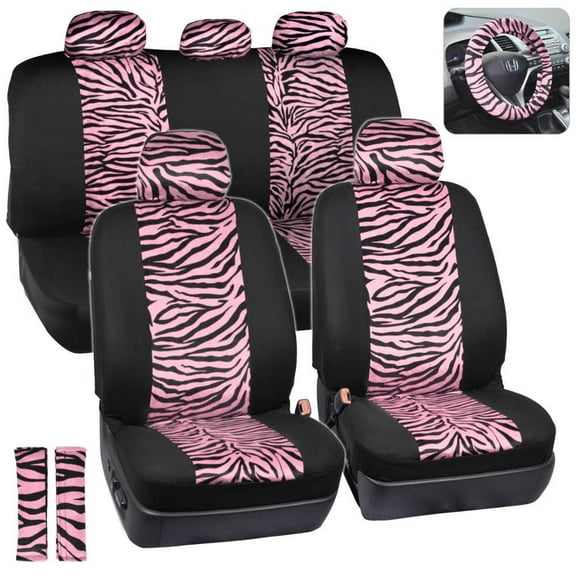 BDK Zebra Print Car Seat Covers Two Tone Zebra Accent on Black, 9pc, Full Set