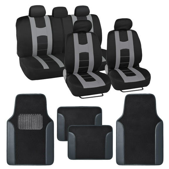 BDK carXS Forza Series Light Gray Seat Covers Full Set Combo with Car Floor Mats – Front and Rear Bench Seat Cover & Floor Mat Protector Set, Interior Covers for Auto Truck Van SUV