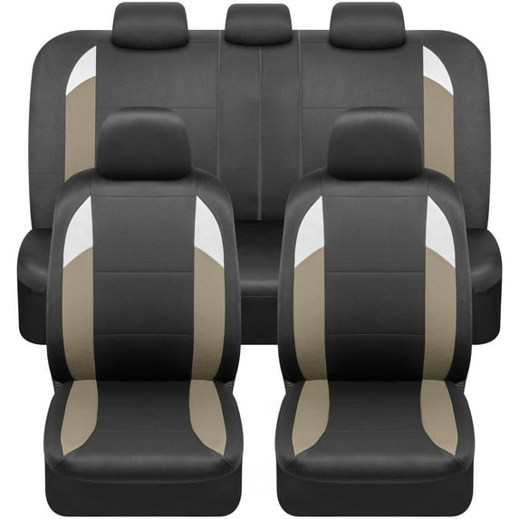 BDK carXS Monaco Seat Covers for Cars Full Set, Beige Tri-Tone Front Car Seat Covers with Split Rear Bench Back Seat Cover, Automotive Seat Covers for Trucks SUV Van Auto
