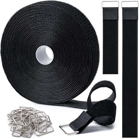 BDKWID-1.5" x32Ft Hook and Loop Straps Cinch Straps Heavy Duty with 32 Metal Buckles, Adjustable Fastening Cable Straps, Free Cut Length, Reusable Nylon Cable Ties for Organizer or Storage, Black