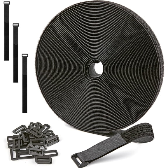 BDKWID-1" x 18Yard Reusable Cable Straps with 50 Plastic Buckles - Adjustable Cut-to-Length Nylon Hook and Loop roll for Organizing and Storage