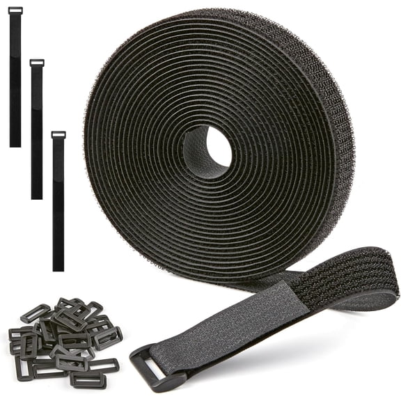 BDKWID-1" x 6Yard Reusable Cable Straps with 20 Plastic Buckles - Adjustable Cut-to-Length Nylon Hook and Loop roll for Organizing and Storage