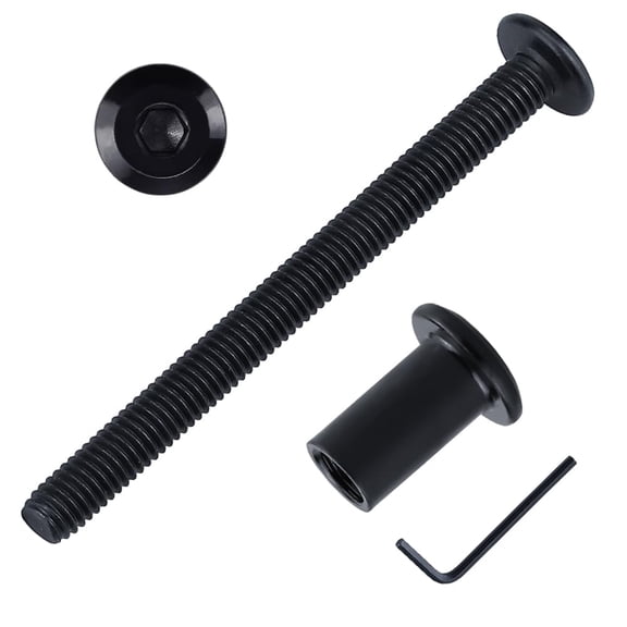 BDKWID-10 Sets M6-1.0 x 65mm Flat Head Socket Cap Screws with Barrel Nuts and 1 pcs Hex Wrench, 304 Stainless Steel (18-8), Black Coated Furniture Connector Screws for Bed, Cabinet, Belt Replacement
