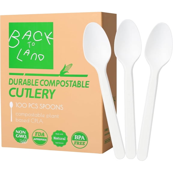BDKWID-100% Compostable Disposable Silverware 100pcs, Compostable Spoons Bulk, Serving Utensils Set for Parties, Heavy Duty Eating Cutlery for Camping, Picnics