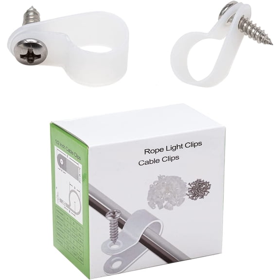 BDKWID-100 Pack 1/2 inch Rope Light Clips, P-Style Rope Light Mounting Clips with Stainless Steel Screws, Outdoor Cable Clips Clamps for Wire Management, LED Rope Light Clips for Outside