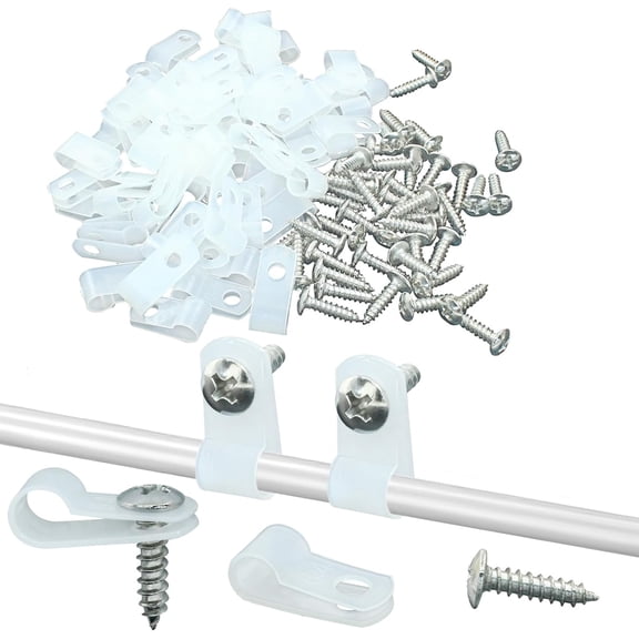 BDKWID-100 Pack 1/4 Inch Rope Light Clips, Nylon R-Style Mounting Clips, Cable Clip Wire Clamp with Mounting Screws for Wire Management, Outside String Lights