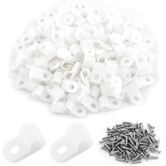BDKWID-100 Pack R-Type White Wire Clamp, 1/4 Inch Nylon Clip Cable Fastener Wire Clamp with 100 Pack Screws for Wire Management