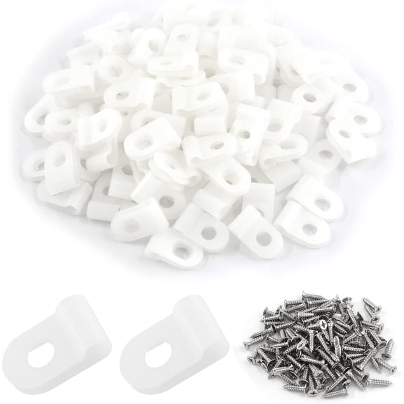 BDKWID-100 Pack R-Type White Wire Clamp, 1/8 Inch Nylon Clip Cable Fastener Wire Clamp with 100 Pack Screws for Wire Management