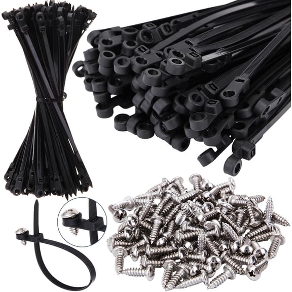 BDKWID-100 Pcs Plastic Zip Tie with Screw Hole 7.5 Inch and 100 Pcs M5 x 8mm Screw Bolt 304 Stainless Steel, 50lbs Mountable Head Cable Tie UV Resistant Nylon Cable Ties Black Mount Cable Tie