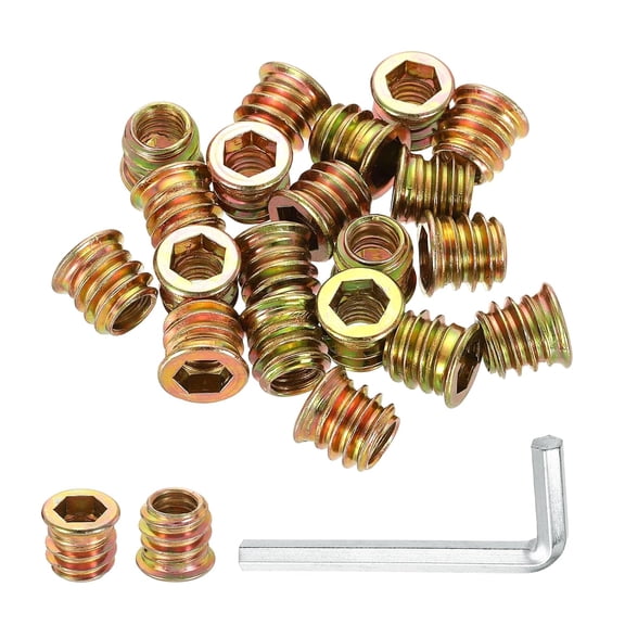 BDKWID-100 Pcs Threaded Insert for Wood, 5/16" - 18 Carbon Steel Threaded Studs Hex Socket Drive Nut Inserts Screw in Nut Fastener Connector with Hex Wrench 13mm Length for Home, Gold