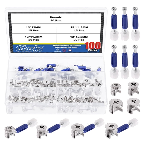 BDKWID-100Pcs 4 Sizes 3-in-1 Furniture Connecting Cam Lock Fittings with Dowels Assortment Kit, 15x13/15x11.8/12x12.2/12x11.3mm Cam Lock Nuts and Cam Screws for Wardrobe Drawer Cabinet Connectors