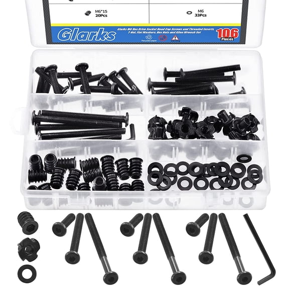 BDKWID-107Pcs M6x30/50/70mm Black Hex Socket Cap Screws Bolts & M6 Threaded Inserts T-Nuts Assortment Kit with Flat Washers and Hex Wrench for Wood Furniture Fasteners