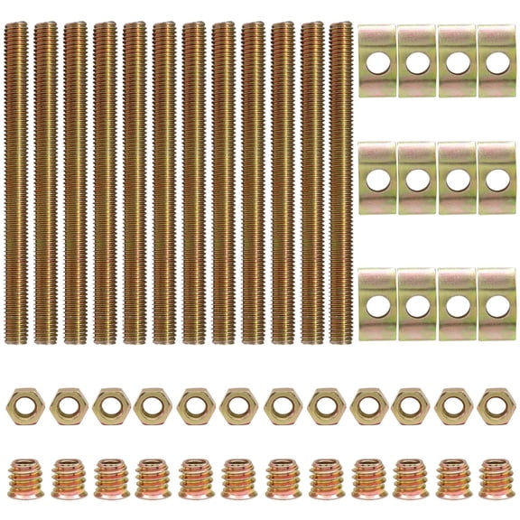 BDKWID-12-Set Bed Frame Hardware Connector Kit, Cold Heading Steel Fasteners with M8*100 Bolts for Bed, Wardrobe, Panel Furniture Assembly, Brass Four-in-One Furniture Connectors