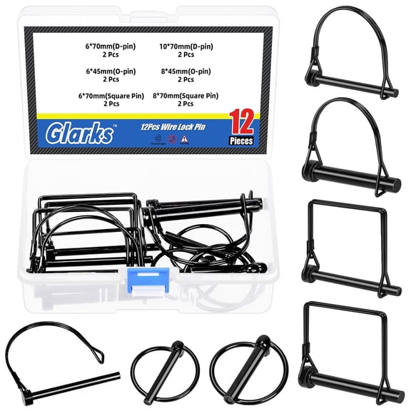 BDKWID-12pcs 6/8/10mm 1/4in 5/16in 3/8in Lynch Pins and Square & Arch Shapes Wire Lock Pins Set, 3 Styles Hitch PTO Pins, Towing PTO Shaft Hitch Pins, Wire Lock Trailers Pins for Mechanics, Cars