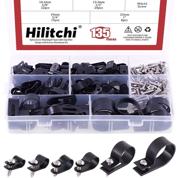BDKWID-135 Pcs 6 Sizes Black Plastic Cable Clamp R Type Screw Mounting Cord Fastener Cable Clips Assortment Kit with Screws for Wire Management Cable Conduit (Clips from 6mm to 23mm)