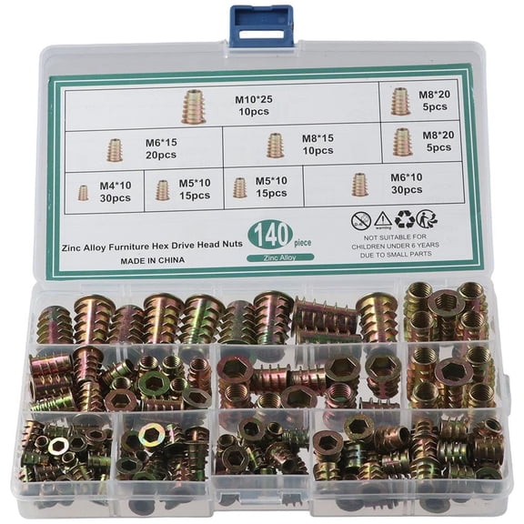BDKWID-140Pcs M4 M5 M6 M8 M10 Metric Threaded Inserts Nuts Assortment Kit, Zinc Alloy Furniture Hex Drive Head Nuts for Wood Furniture
