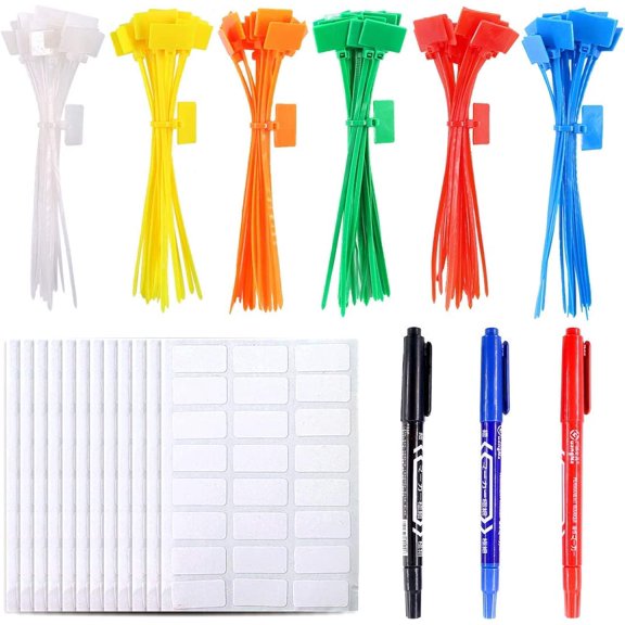 BDKWID-150-Pieces 6 Colors 6 Inch Nylon Cable Marker Ties Self-locking Cord Tags Write on Ethernet Label Wire Straps with 3 Marker Pens and 288pcs White Cable Labels for Home and Office Use