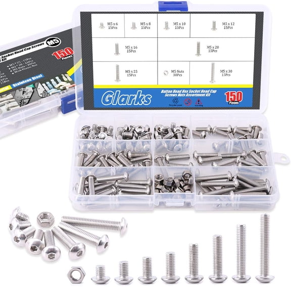 BDKWID-150Pcs M5 Stainless Steel Button Head Hex Socket Head Cap Bolts Screws Nuts Assortment Kit