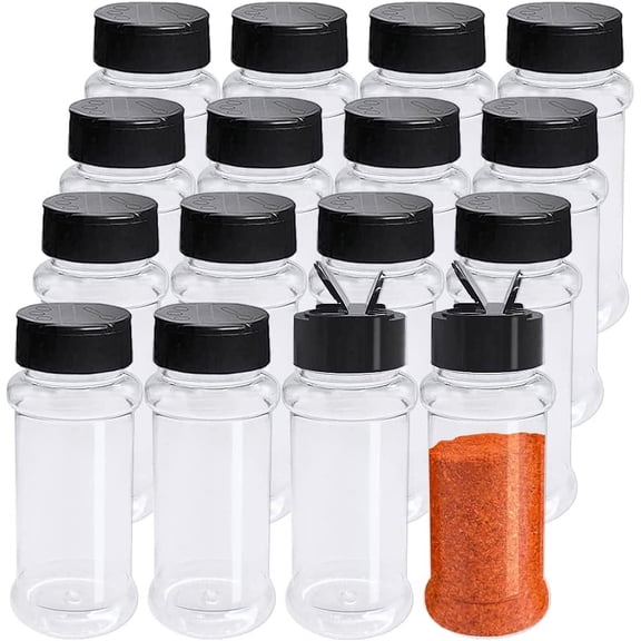 BDKWID-16 Pack 3.4oz/100ml Plastic Spice Bottles Set,Empty Seasoning Containers with Black Cap,Clear Reusable Containers Jars for Spice,Herbs,Powders,Glitters