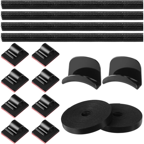BDKWID-16 Pcs Cable Management Organizer Kit Include Retaining Wire Clips Wire Organizer Sleeve Cable Ties Headphone Hanger Holder for Computer (Black)