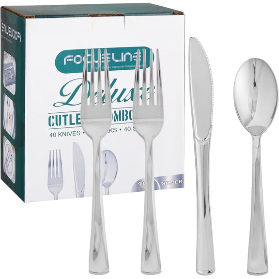 BDKWID-160 Pack Silver Plastic Silverware Set, Plastic Flatware Set- 80 Silver Forks, 40 Knives, 40 Spoons, Heavy Duty Disposable Cutlery for Weddings, Parties, Dinners