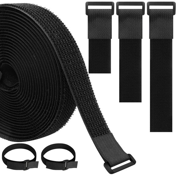 BDKWID-16Ft x 1In Adjustable Hook and Loop Cable Straps with 25 Plastic Buckles, Black Reusable Fastening Cable Ties, Nylon Securing Strap for Wire Management & Organization